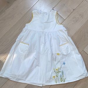Jacadi girls white yellow blue embroidered flowers cotton back buttons dress